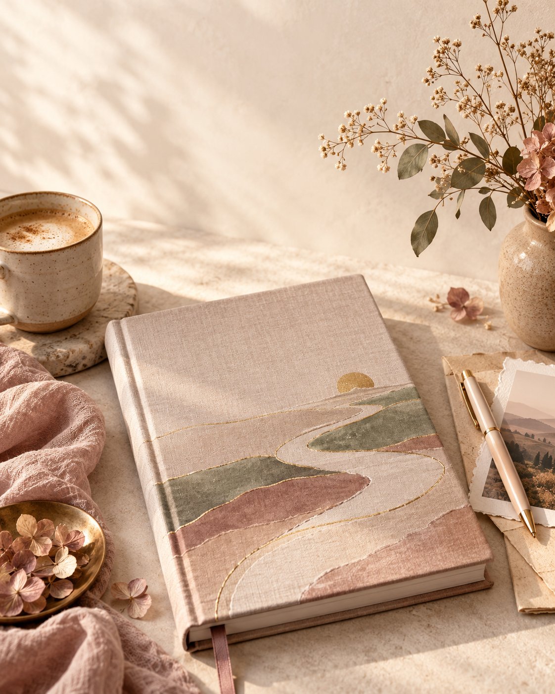 A cloth-bound journal with a stitched landscape cover in dusty rose, sage and gold, resting on a warm beige tabletop beside a coffee mug, dried petals and a pen