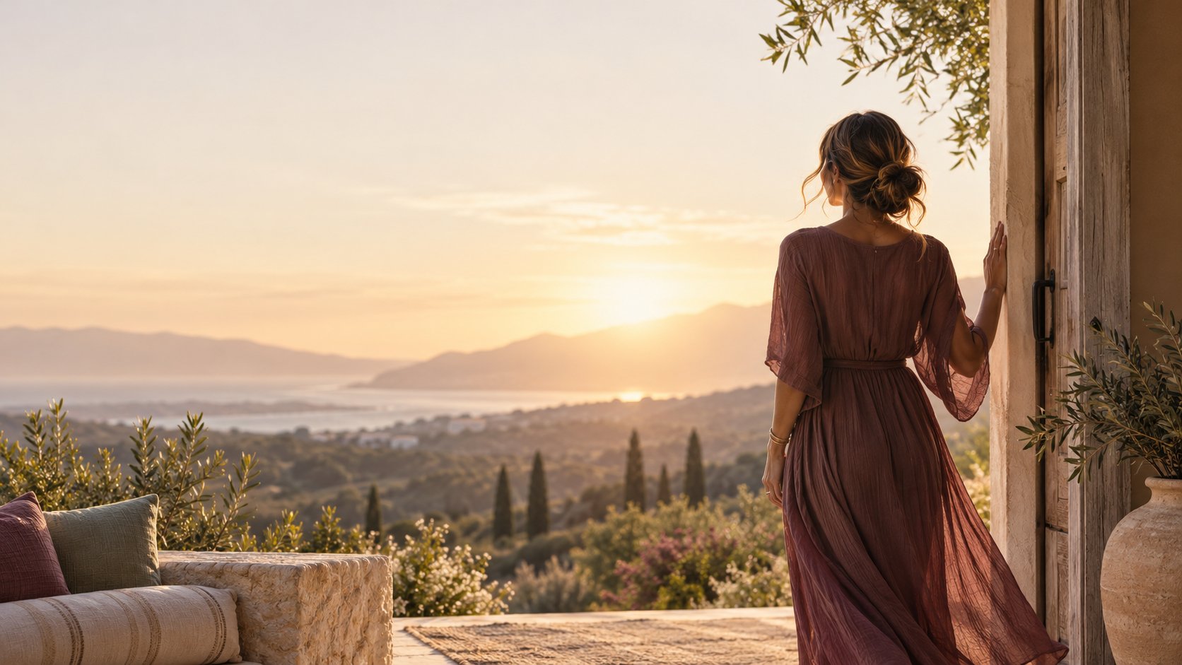 A woman in a flowing dusty plum dress stands in a stone doorway overlooking a sunlit coastline of rolling hills and a calm bay at golden hour