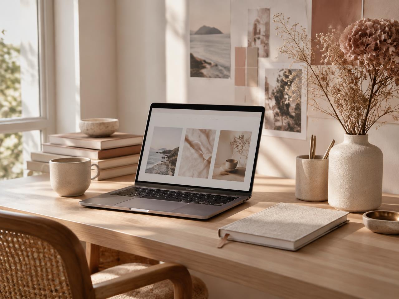 A calm studio desk with a laptop displaying a website design, a linen notebook, and dried flowers
